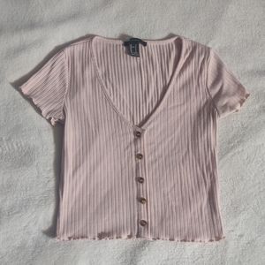 Pastel Pink Ribbed Forever 21 Button Up Crop Top